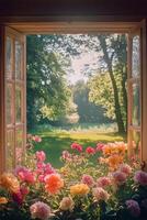 Beautiful garden view with colorful flowers through an open window during golden hour photo