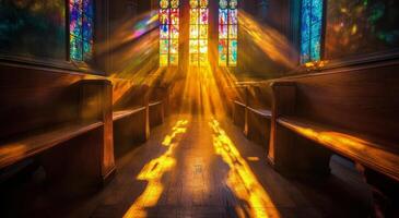 Sunlight streaming through stained glass windows in a serene church interior during morning hours photo