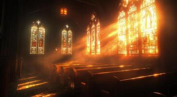 Sunlight streaming through stained glass windows in a serene church interior during morning hours photo
