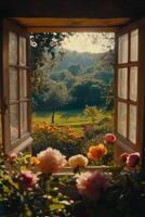 Beautiful garden view with colorful flowers through an open window during golden hour photo