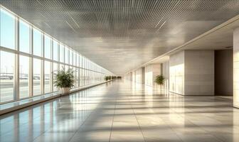 Spacious airport terminal corridor with large windows overlooking parked airplanes during daylight photo