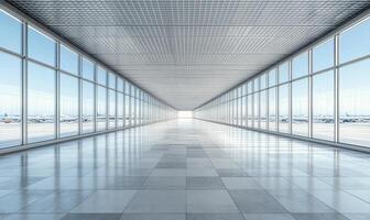 Spacious airport terminal corridor with large windows overlooking parked airplanes during daylight photo