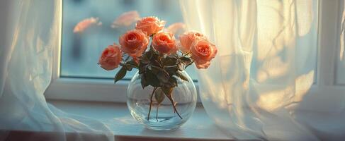 Fresh peach roses arranged in a glass vase by a sunlit window in a cozy indoor setting photo
