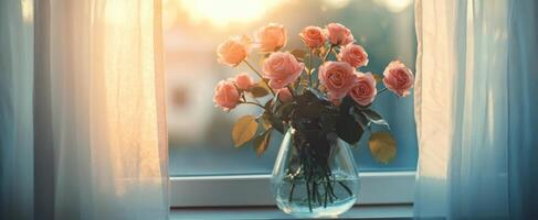 Fresh peach roses arranged in a glass vase by a sunlit window in a cozy indoor setting photo