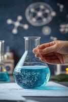 A scientist conducts an experiment with a bubbling blue liquid in a lab setting during daylight photo