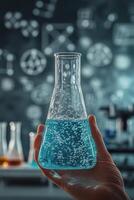 A scientist conducts an experiment with a bubbling blue liquid in a lab setting during daylight photo