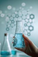 A scientist conducts an experiment with a bubbling blue liquid in a lab setting during daylight photo
