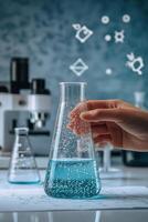 A scientist conducts an experiment with a bubbling blue liquid in a lab setting during daylight photo