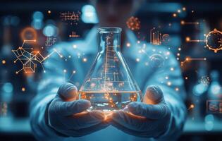 Scientist conducting experiments with a flask in a laboratory filled with digital graphics at night photo