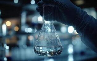 Scientist conducting experiments with a flask in a laboratory filled with digital graphics at night photo