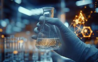 Scientist conducting experiments with a flask in a laboratory filled with digital graphics at night photo