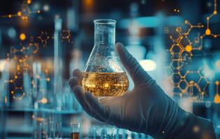 Scientist conducting experiments with a flask in a laboratory filled with digital graphics at night photo
