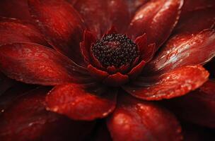 A close up view of a vibrant red flower with intricate petals and shimmering details photo