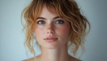 Young woman with curly hair and freckles posing for a close up portrait in natural lighting photo