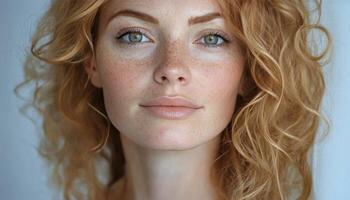 Young woman with curly hair and freckles posing for a close up portrait in natural lighting photo