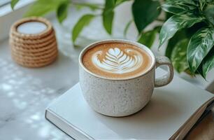 A cozy cup of latte art placed on a book next to indoor plants in a serene setting photo