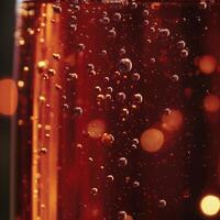 Elegant red bubbly drink in a glass against a vibrant bokeh background in the evening photo