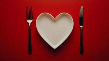 Heart shaped plate with fork and knife on a red background set for a romantic dinner photo