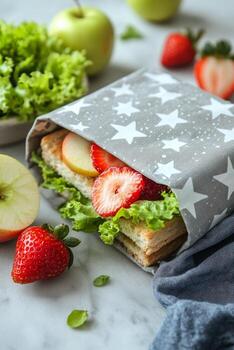 Fresh sandwich wrapped in a starry paper with strawberries, lettuce, and apples on a marble surface photo