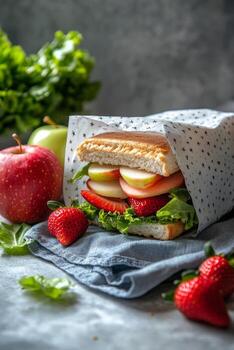 Fresh sandwich wrapped in a starry paper with strawberries, lettuce, and apples on a marble surface photo