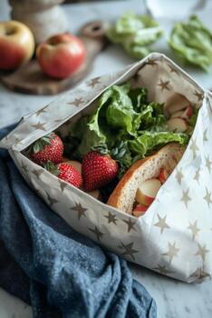 Fresh sandwich wrapped in a starry paper with strawberries, lettuce, and apples on a marble surface photo