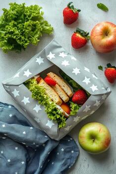 Fresh sandwich wrapped in a starry paper with strawberries, lettuce, and apples on a marble surface photo