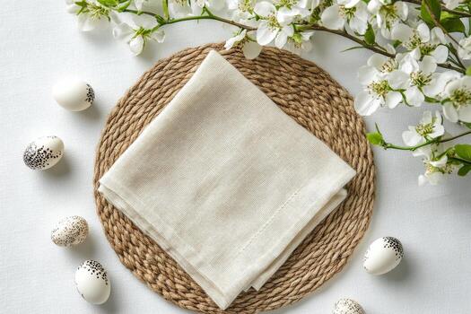 Elegant table setting with decorative eggs and fresh flowers for a spring celebration photo