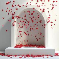 A serene display of falling rose petals in a minimalist indoor setting during daylight hours photo