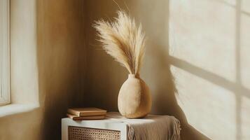 Serene corner with decorative vase and pampas grass lit by warm afternoon sunlight photo