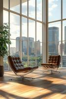 Modern lounge area with stylish chairs and large windows overlooking a cityscape in daylight photo