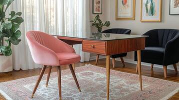 Stylish modern office workspace featuring a glass table and upholstered chair in soft hues photo
