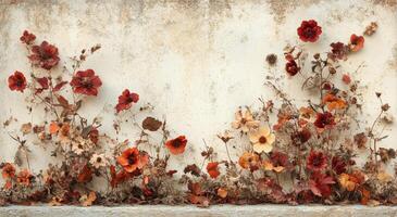 Dried flowers arranged on a textured wall background for rustic decor inspiration photo