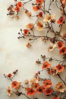 Delicate orange flowers climbing a textured wall in an outdoor setting during daylight hours photo