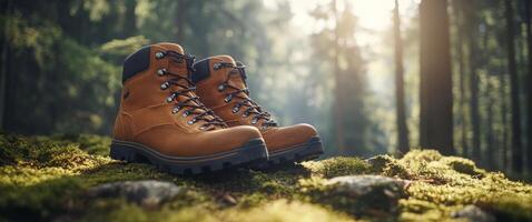 Exploring nature with sturdy hiking boots on moss covered ground in the forest at sunrise photo