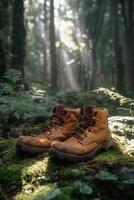 Hiking boot resting on moss in a sunlit forest with trees during early morning photo