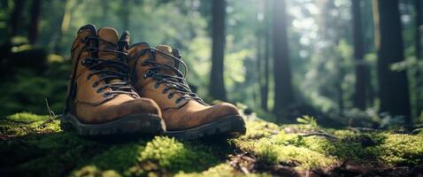 Exploring nature with sturdy hiking boots on moss covered ground in the forest at sunrise photo