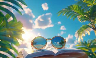 Sunglasses resting on an open book under a bright blue sky with tropical palm leaves nearby photo