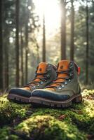 Hiking boot resting on moss in a sunlit forest with trees during early morning photo