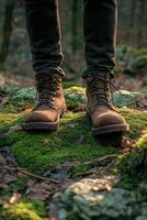 Hiking boot resting on moss in a sunlit forest with trees during early morning photo