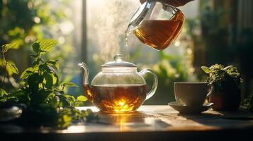 Brewing tea in a sunny garden using a glass teapot and fresh herbs with a small cup nearby photo
