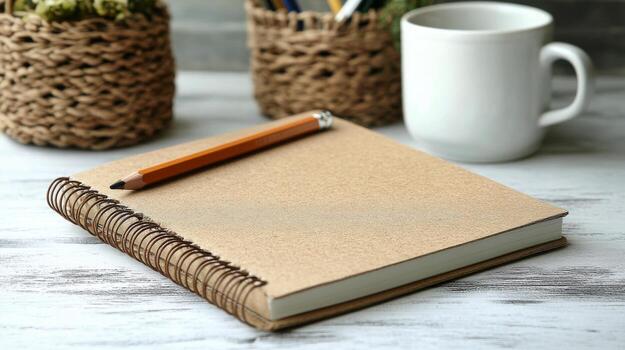 A serene workspace featuring a notebook, coffee, and dried flowers by a window in morning light photo