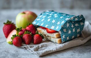 A colorful packed lunch featuring strawberries and an apple on a grey background photo