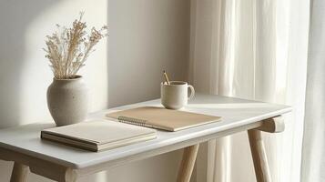A serene workspace featuring a notebook, coffee, and dried flowers by a window in morning light photo