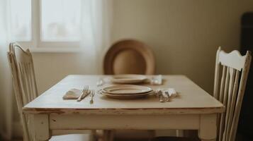 Elegant dining table set for a meal in a cozy restaurant with natural light in the afternoon photo
