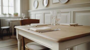 Elegant dining table set for a meal in a cozy restaurant with natural light in the afternoon photo
