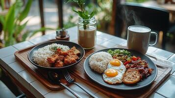 Delicious breakfast spread with rice, eggs, and chicken served at a cozy cafe photo