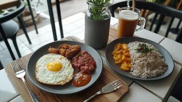 Delicious breakfast spread with rice, eggs, and chicken served at a cozy cafe photo