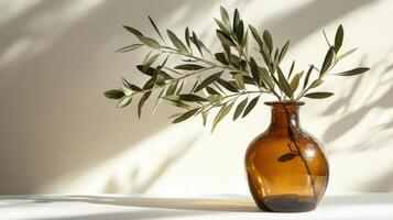 Olive branches in a brown glass vase casting delicate shadows in sunlight photo