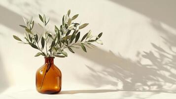 Olive branches in a brown glass vase casting delicate shadows in sunlight photo