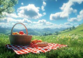 A picnic setup with fresh fruits and pastries in a sunny meadow under a blue sky photo